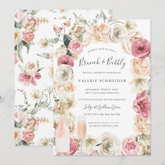 Invitación Brunch & Bubbly | Rosé Wine Floral Bridal Shower (Anverso / Reverso)