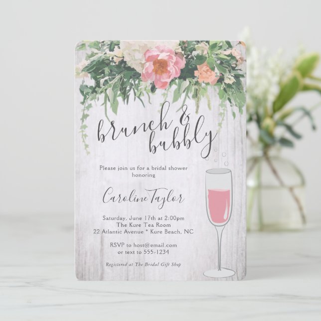 Invitación Brunch Bubbly Rubor Pink Floral Wine Bridal Shower (Anverso de pie)