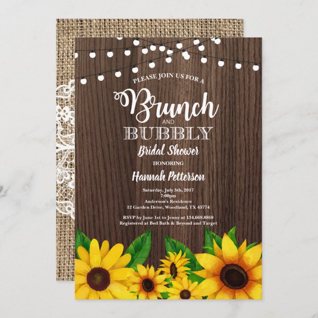 Invitación brunch-bubbly Rústico de girasol (Anverso / Reverso)