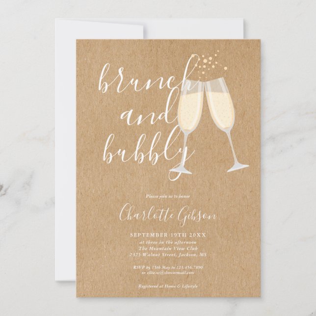 Invitación Brunch Bubbly Script Bridal Shower Rustic Kraft (Anverso)