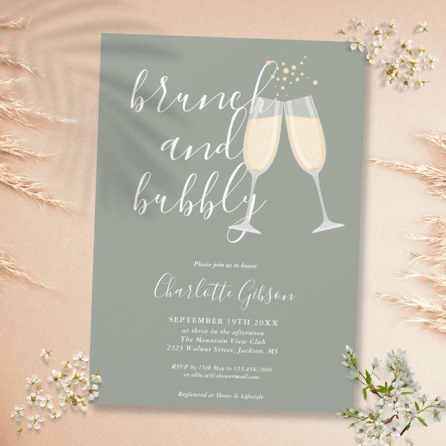 Invitación Brunch Bubbly Script Bridal Shower Sage Green (Brunch Bubbly Script Bridal Shower Sage Green Invitation)
