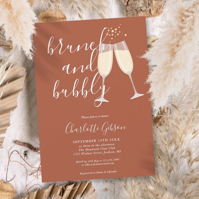 Invitación Brunch Bubbly Script Bridal Shower Terracotta (Brunch Bubbly Script Bridal Shower Terracotta Invitation)
