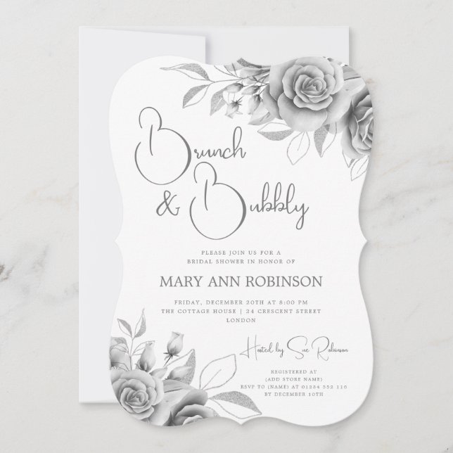 Invitación BRUNCH & BUBBLY Silver Floral Bridal Shower (Anverso)