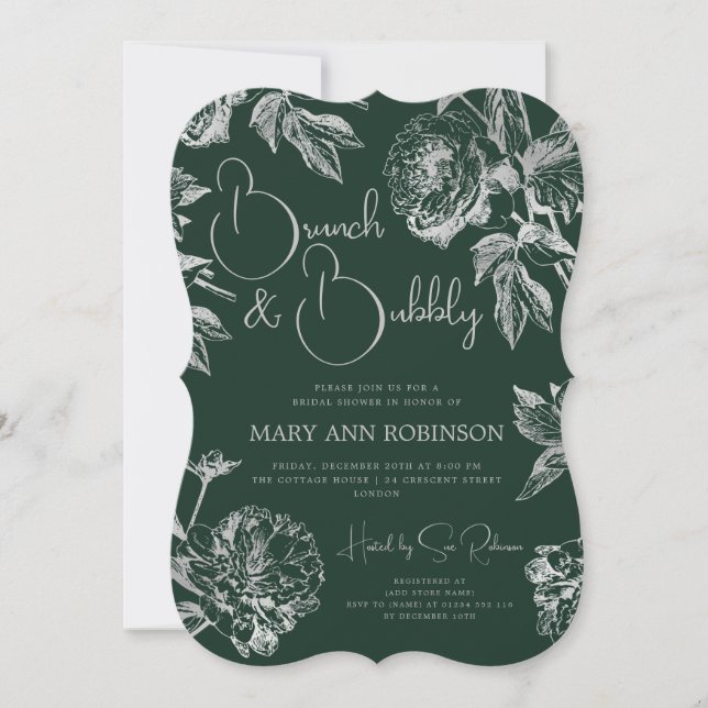 Invitación BRUNCH BUBBLY Silver Floral Bridal Shower Emerald (Anverso)