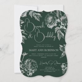 Invitación BRUNCH BUBBLY Silver Floral Bridal Shower Emerald