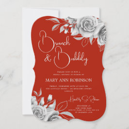 Invitación BRUNCH & BUBBLY Silver Floral Bridal Shower Red
