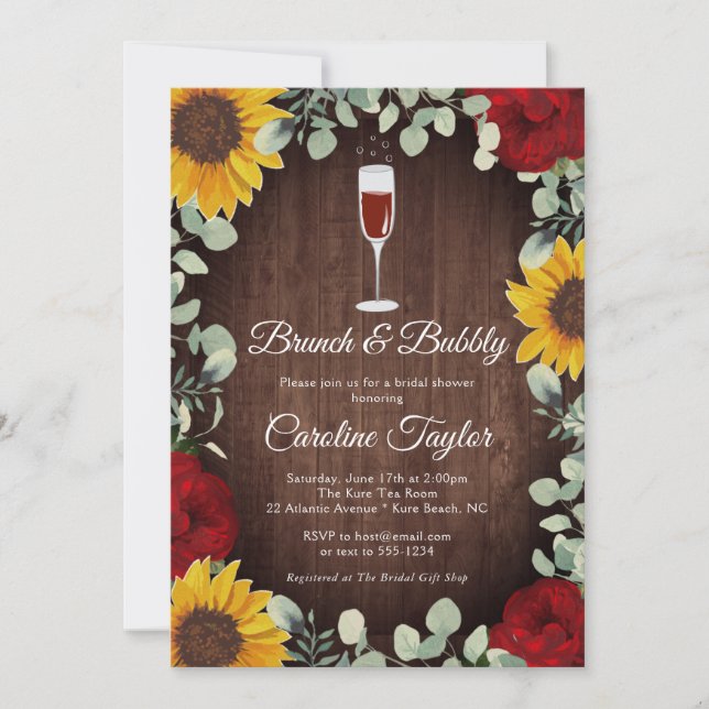 Invitación Brunch Bubbly Sunflowers Rosas Wine Bridal Shower (Anverso)