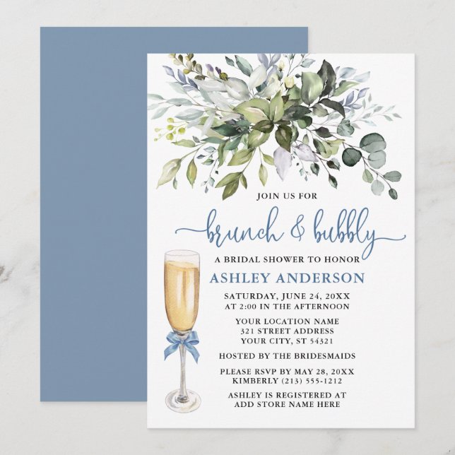 Invitación Brunch Bubbly Watercolor verde Dusty Blue (Anverso / Reverso)