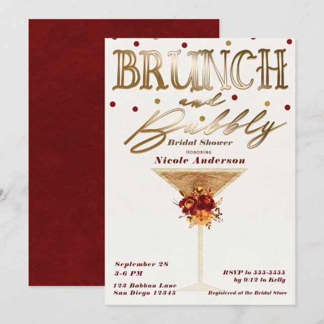 Invitación Brunch & Bubbly Wine Gold Red Fall Bridal Shower (Anverso / Reverso)