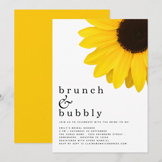 Invitación Brunch Bubbly Yellow Sunflower Bridal Shower (Anverso / Reverso)