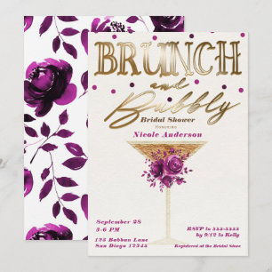 Invitación Brunch Burbujas Vino Rosado Dorado Floral Desayuno