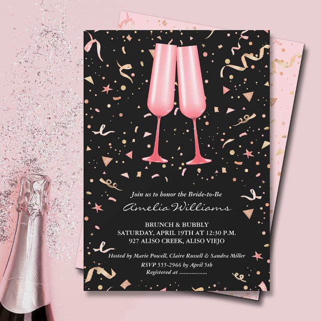 Invitación Brunch Champagne Bridal Shower (Pink champagne glasses and streamers on black bridal shower invitations)