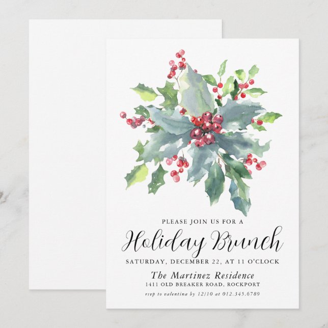 Invitación Brunch clásico Holly Berry Green (Anverso / Reverso)