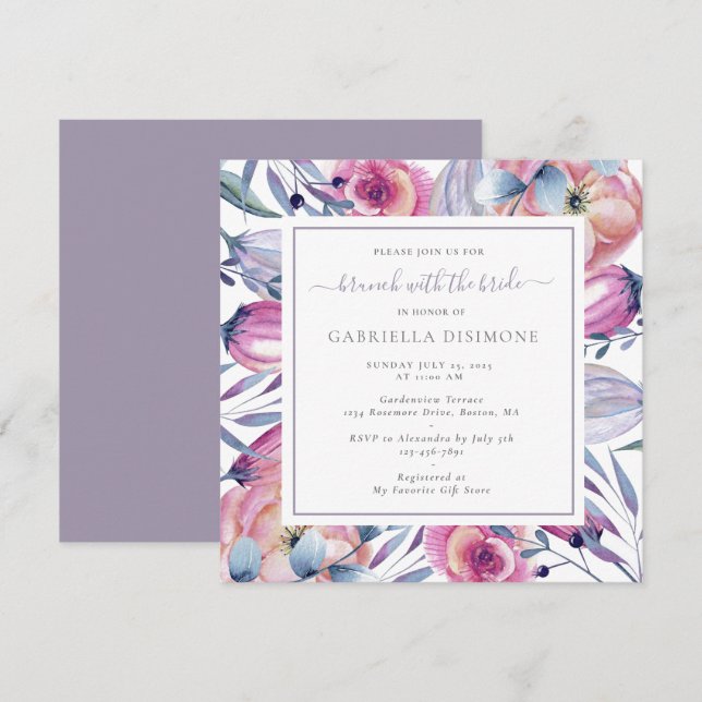 Invitación Brunch Con Brida Dusty Mauve Watercolor Floral (Anverso / Reverso)