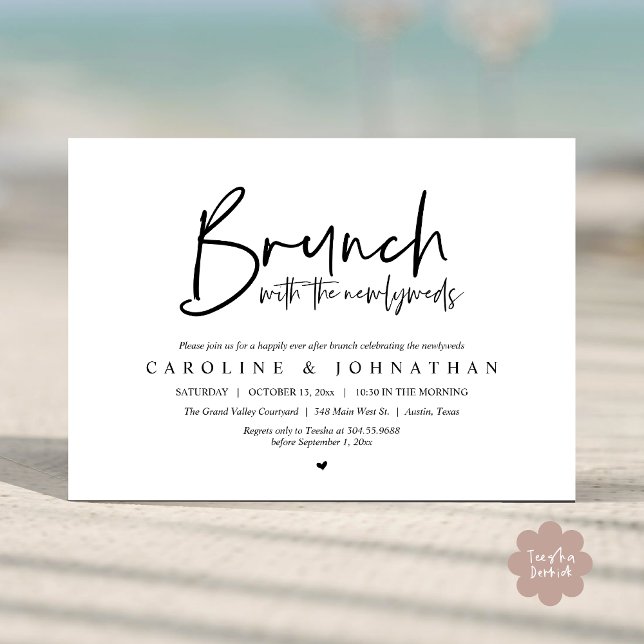 Invitación Brunch con la celebración del Boda Post de los rec (Brunch with the Newlyweds Post Modern Morning Wedding Celebration Invitation Card PDF Black White)