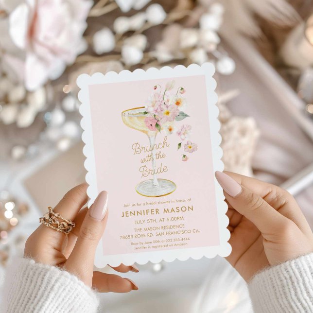 Invitación Brunch con la ducha de novia en el jardín de novia (Pink Brunch with the Bride Champagne Bridal Shower Invitation)