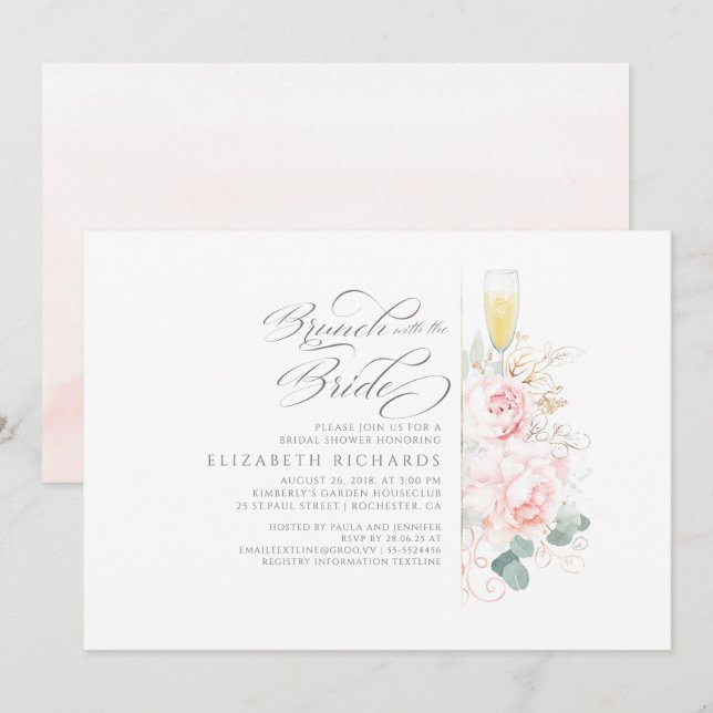 Invitación Brunch con la ducha de novia floral rosa (Anverso / Reverso)
