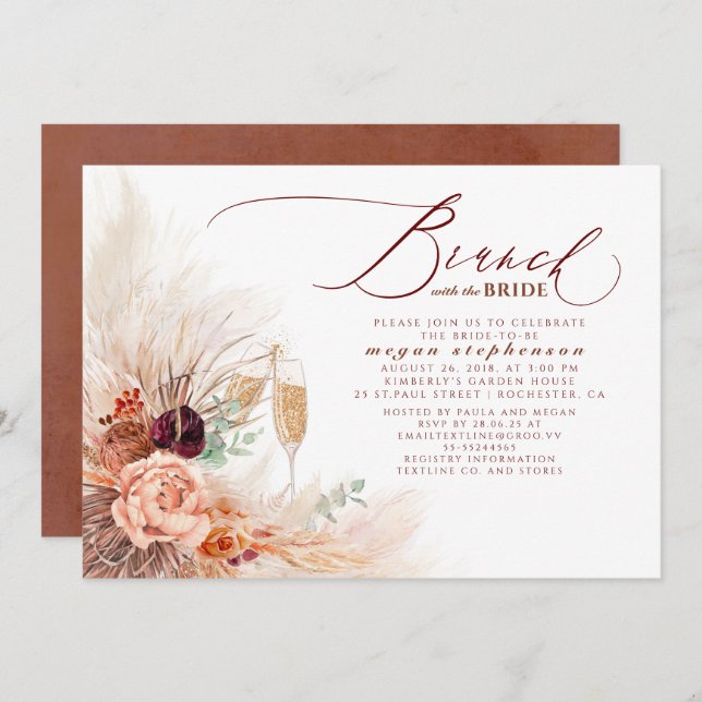 Invitación Brunch con la novia ducha de pampas Grass (Anverso / Reverso)