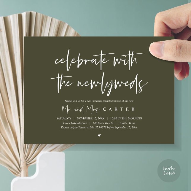 Invitación Brunch con los recién casados, después de la fiest (Celebrate with the newlyweds, Wedding Brunch Invitation Card, PDF, in Olive Green)