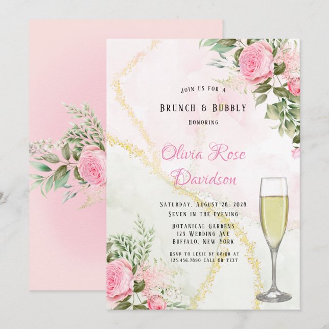 Invitación Brunch con tinta de tinta y burbuja de peones rosa (Anverso / Reverso)