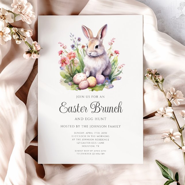 Invitación Brunch Cute Watercolor Rabbit Easter (Cute Watercolor Rabbit Easter Brunch Invitation)