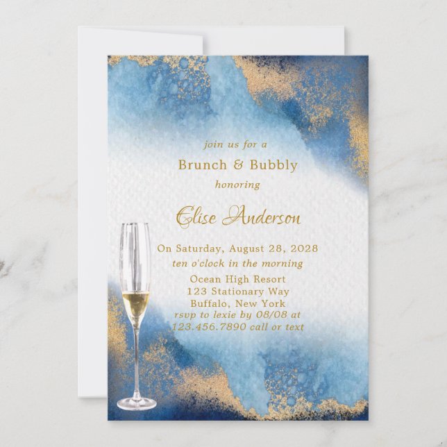 Invitación Brunch de acuarela dorada de Ocean Blue (Anverso)