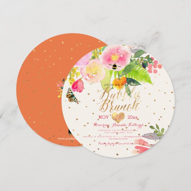 Invitación Brunch de acuarela floral de PixDezines+Bubbly (Anverso / Reverso)