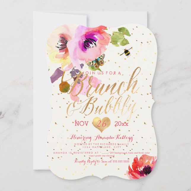 Invitación Brunch de acuarela floral de PixDezines+Bubbly (Anverso)