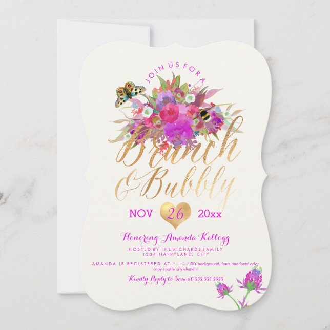 Invitación Brunch de acuarela floral de PixDezines+Bubbly (Anverso)