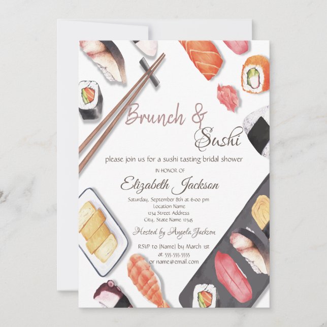 Invitación Brunch de Acuarela & Sushi Despedida de Soltera   (Anverso)