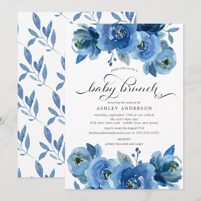 Invitación Brunch de agua azul floral para bebé (Anverso / Reverso)