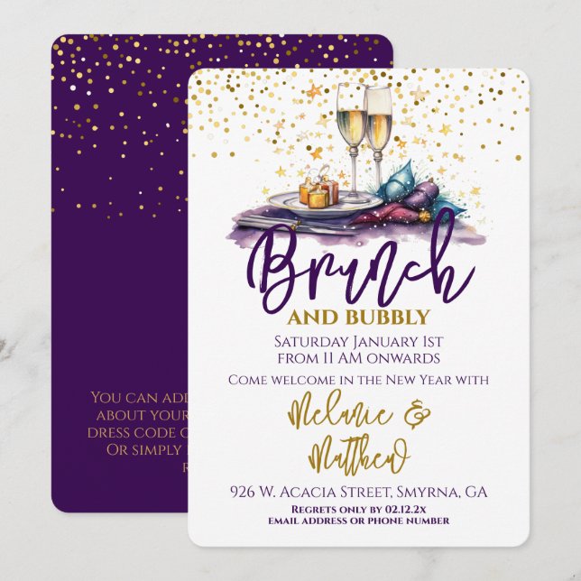 Invitación Brunch de Año Nuevo y burbuja (Anverso / Reverso)