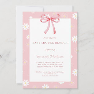 Invitación Brunch de Baby Shower con lazo de cinta rosa y mar
