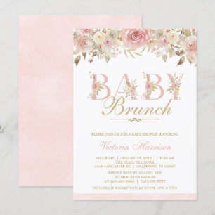Invitación Brunch de Baby Shower Floral Acuarela Rosa Dorado