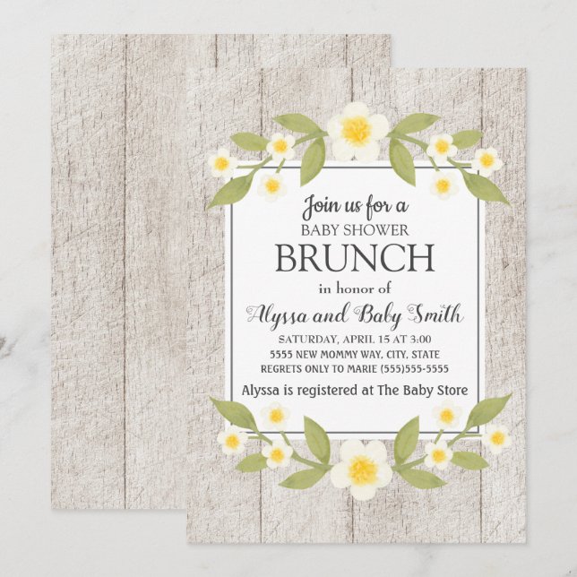 Invitación Brunch de Baby Shower Floral Blanco Madera Rústica (Anverso / Reverso)