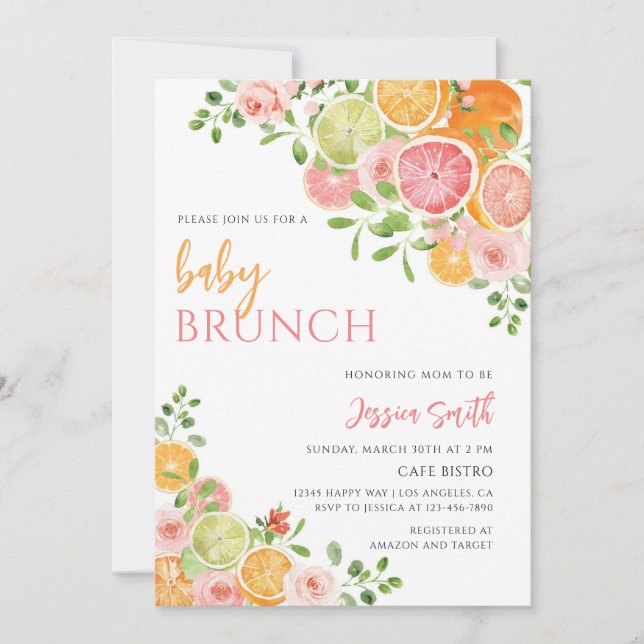 Invitación Brunch de bebé con cítrico floral (Anverso)