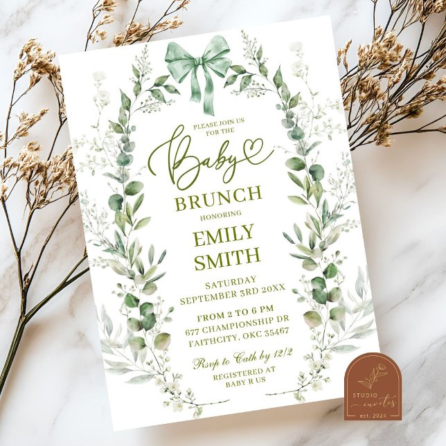 Invitación Brunch de bebé con lazo coquette verde (Subido por el creador)