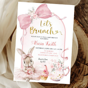 Invitación Brunch de bebé conejito con lazo floral rosa Coque