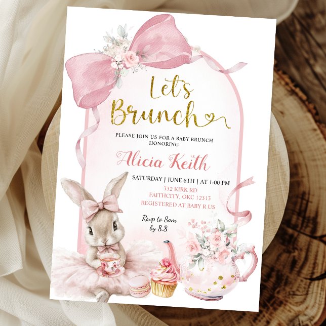 Invitación Brunch de bebé conejito con lazo floral rosa Coque (Subido por el creador)