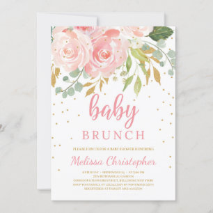 Invitación Brunch de bebé de color rosa floral y dorado de Ru