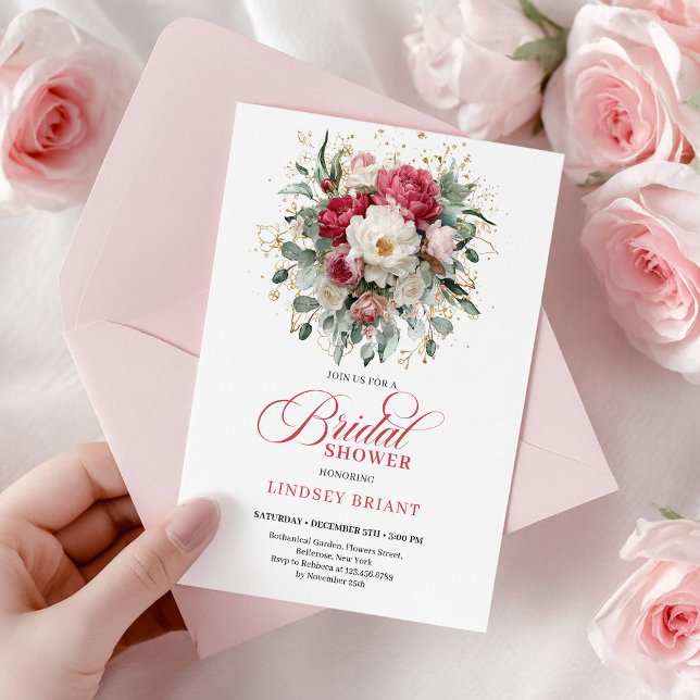 Invitación Brunch de Boda Boho Rojo Rubí Atemporal (Timeless Boho Ruby Red Blush Gold Bridal Shower)