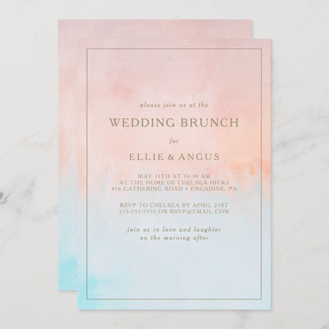 Invitación Brunch de Boda con Acuarela de Puestas de Sol de V (Anverso / Reverso)