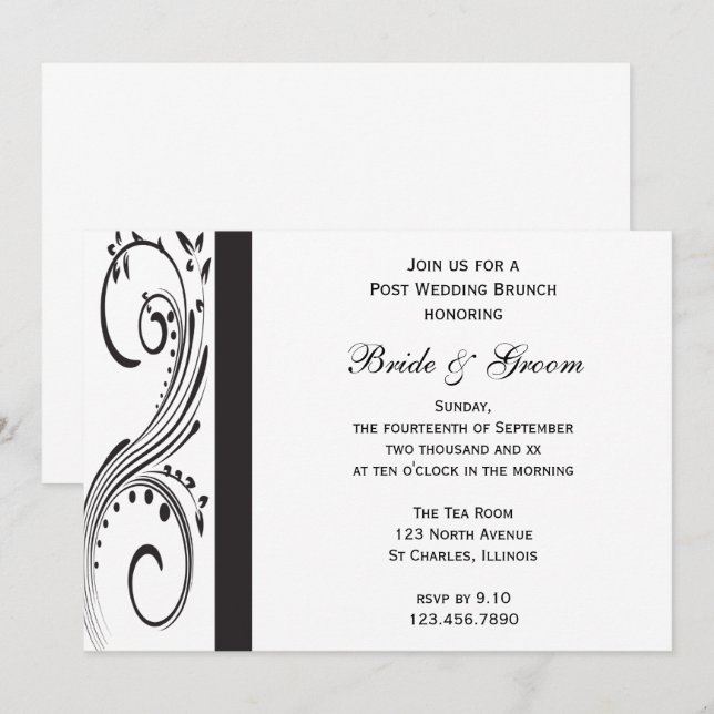 Invitación Brunch de Boda de Black and White Swirls Post (Anverso / Reverso)