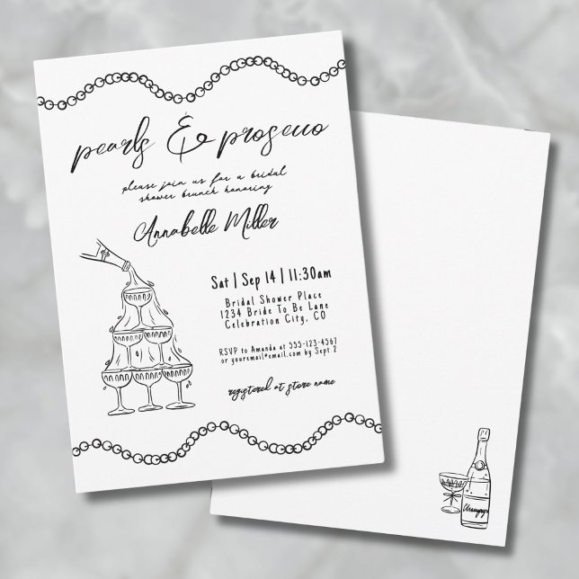 Invitación Brunch de Boda de Prosecco Perlas Dibujadas con Ca (Whimsical Hand Drawn Pearls Prosecco Bridal Shower Invitation)
