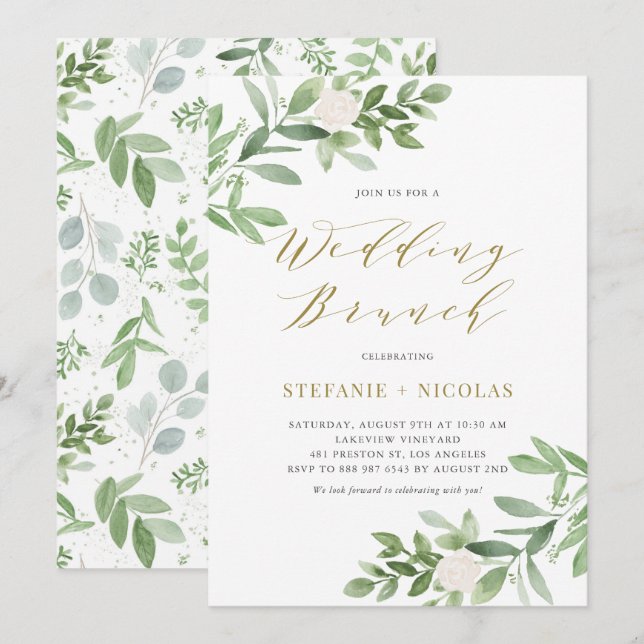 Invitación Brunch de bodas de Greeney y flores blancas (Anverso / Reverso)