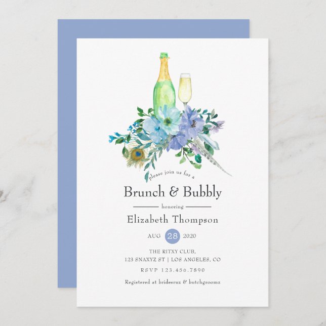 Invitación Brunch de boho azul y mezquino y ducha de novias c (Anverso / Reverso)