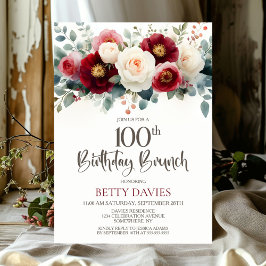 Invitación Brunch de Borgoña y Floral Blanca 100 cumpleaños