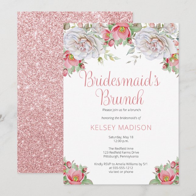 Invitación Brunch de Bridesmaid de Bridesmaid con flores de c (Anverso / Reverso)