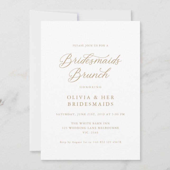Invitación Brunch de Bridesmaids Moderno con guión dorado (Anverso)