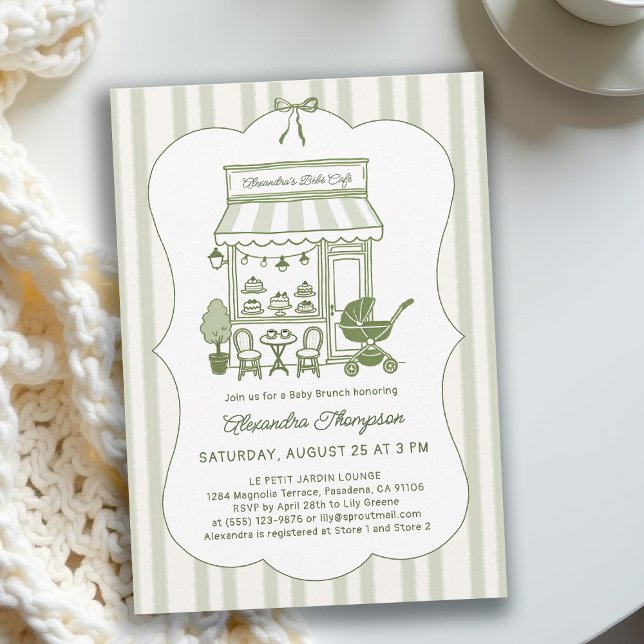 Invitación Brunch de Café Bebe Brewing Neutral Baby Shower (baby shower brunch invitation coffee theme brewing olive green bistro hand drawn modern chic stripes)